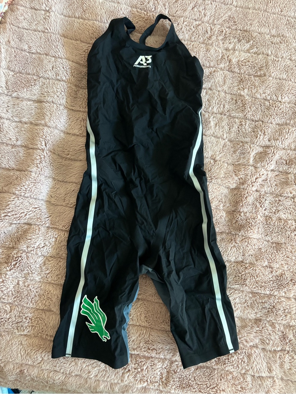 A3 Design Black closed back Vici Racing Swimsuit with White Stripes